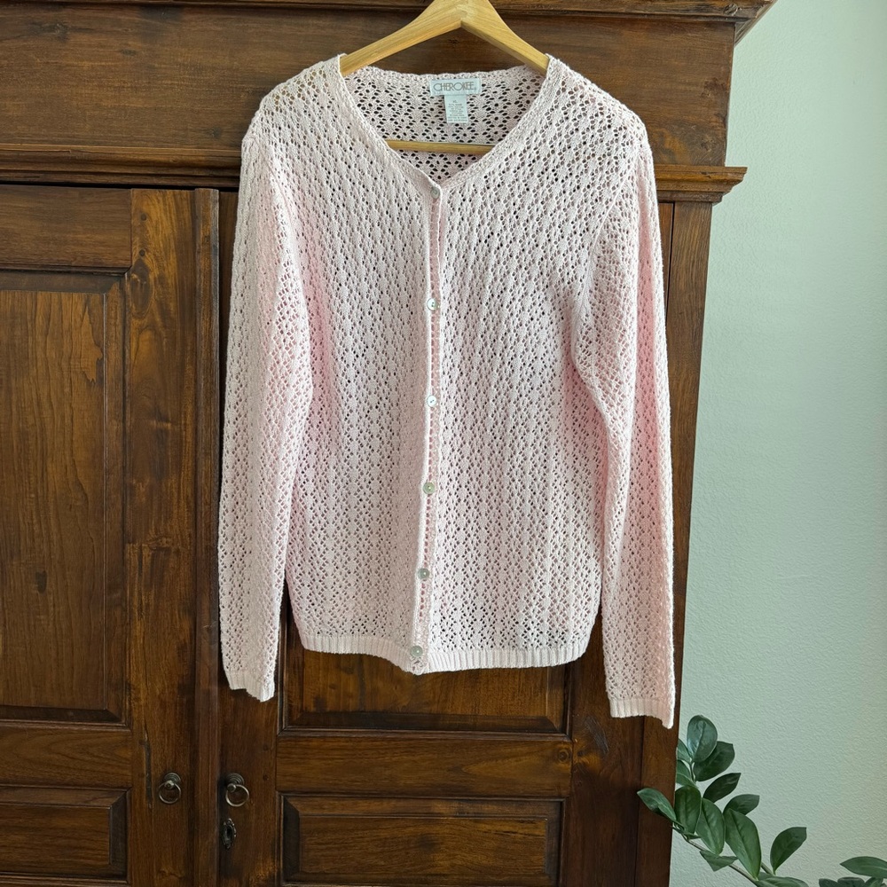Cherokee Pointelle Pink Crochet Cardigan